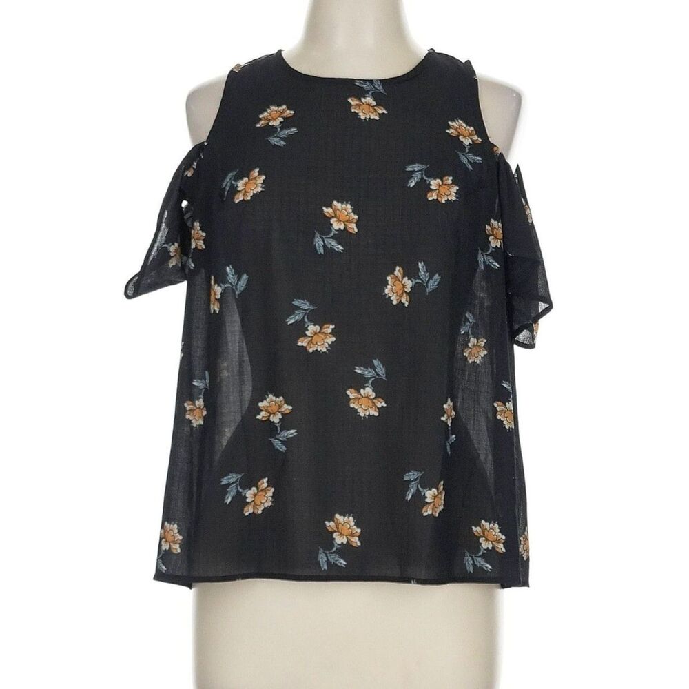 Rewind Black Floral Cold Shoulder Flutter Sleeve Blouse Juniors Size Large